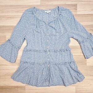 Beach Lunch Lounge Womens Blue Floral Tunic Blouse Ruffle Bell Sleeve XS